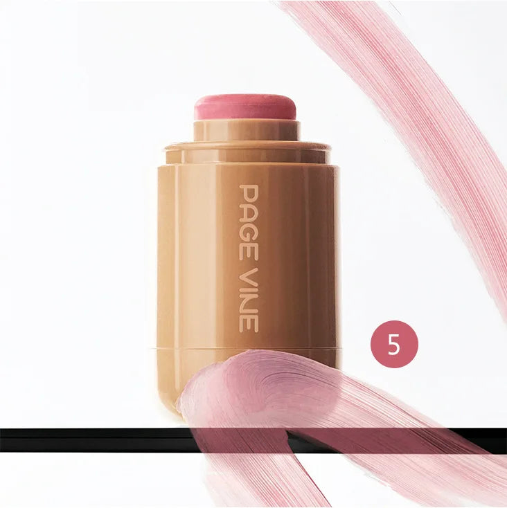 3-in-1 Cheek Lip Tinted Moistured Blush in a stick form with pink swatches behind it.